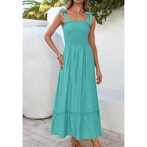 Zesica Women's Sz L Sage Green Smocked Top Tiered Maxi Sun Dress w/ Tie Straps - Picture 4 of 13